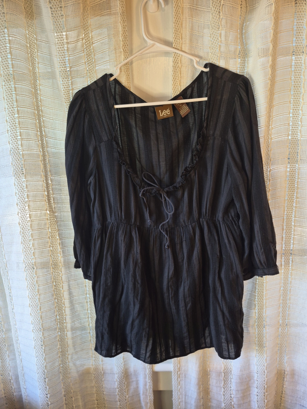 Lee Black Striped Tie-Front Peasant Top Size XL